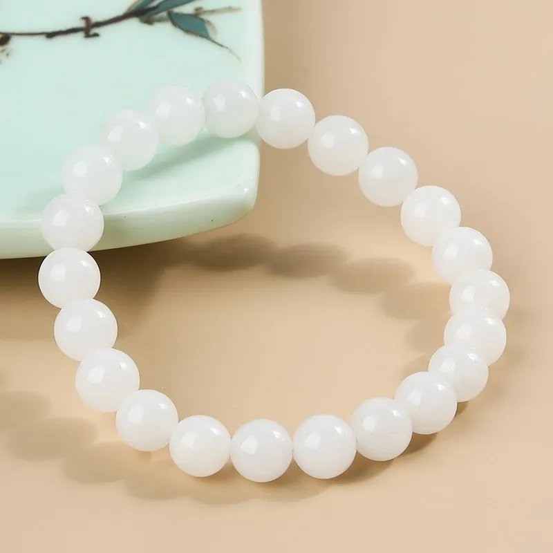 JD  Natural White Hetian Jade Bead Bracelet Women Elegant Hand String Nephrite Material Strand Bangles Round Bead Wristband Gift