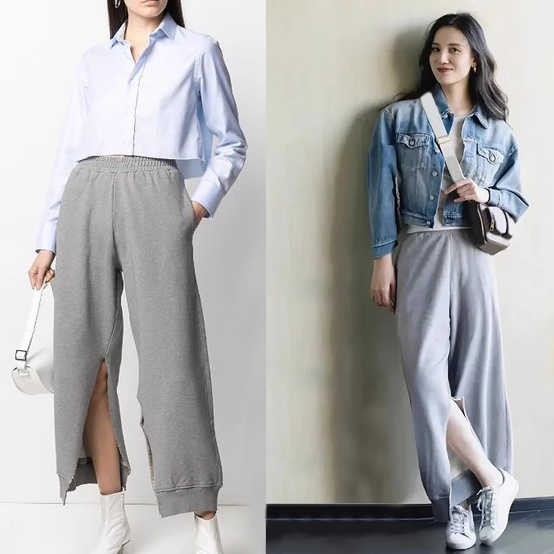 NIGO LP Women's Four Seasons Elastic Waist Cotton Solid Color Split Casual Pants #nigo61426