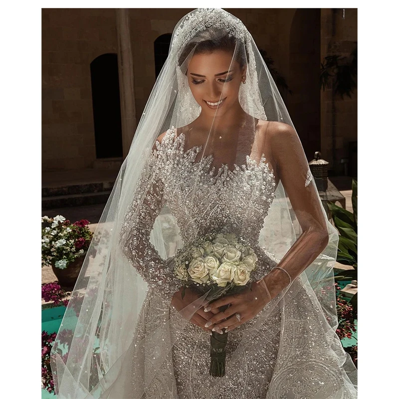 2024 Luxurious Mermaid Wedding Dress One Shoulder Sweetheart Applique Beading Pearl With Detachable Train Wedding Robe De Mariée