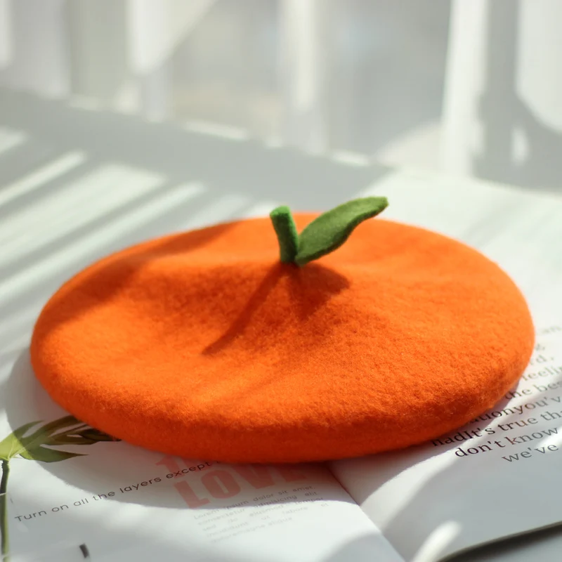 Women Kid Cute Green Red Apple Soft Girl Painter Hat Female Small Leaf Fruit Orange Family Beret Caps