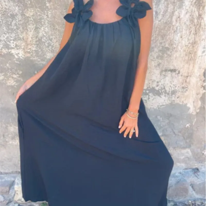 Summer New Solid Color Women Dress Fashion V-neck Craft Flowers Decorate Casual Loose Party Dresses Holiday Street Wear Vestido