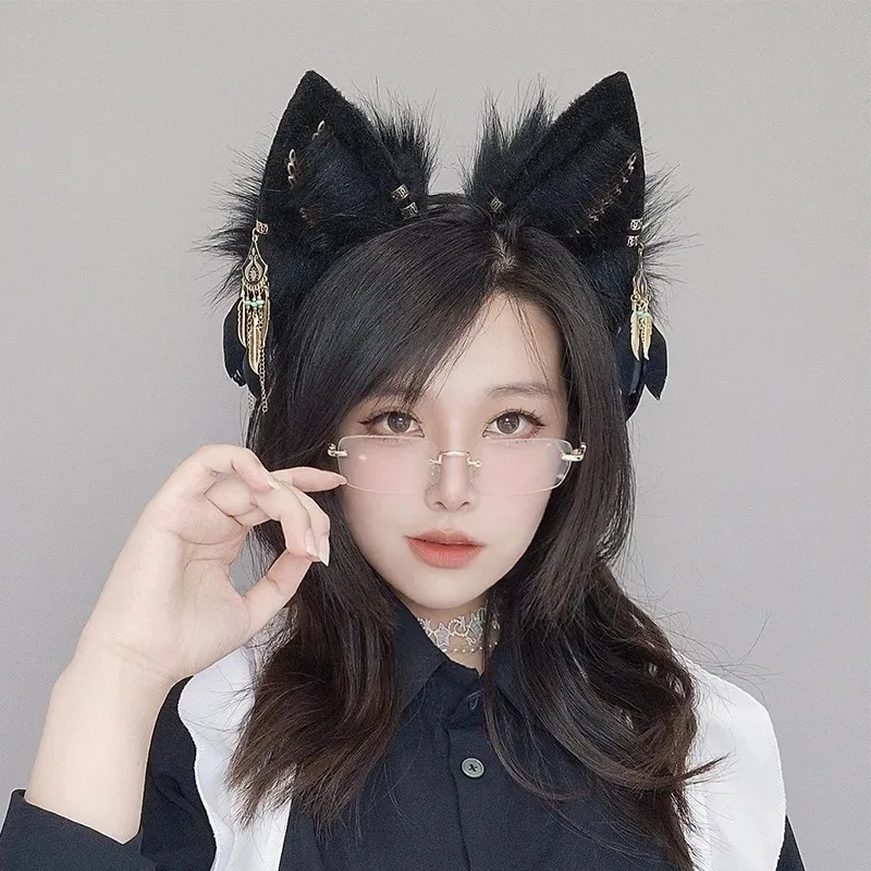 1SET LARP Cosplay Anime Ears & Tail Set - Black Faux Fur Handmade Egyptian God Cosplay Costume for Halloween Carnival Dress Up