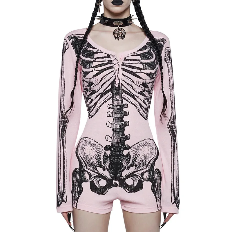 

New Halloween Day of The Dead Costume Cosplay Goth Style Skull Print Long Sleeves Bodysuit Theme Party Role Playing