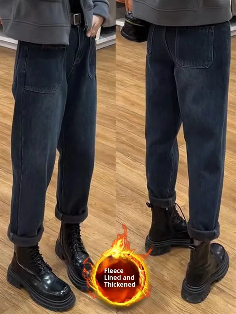 

Джинсы для мам с высокой талией Thiened Fce на подкладке, женские осенне-зимние джинсовые брюки для похудения Dad Crops Harlan Nine Points