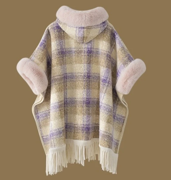 Autumn Winter Women's Blue White Patchwork Woolen Tassel Cape Coat Fleece Lined Thickened Warm Pink Yellow Plaid Hooded Shawl