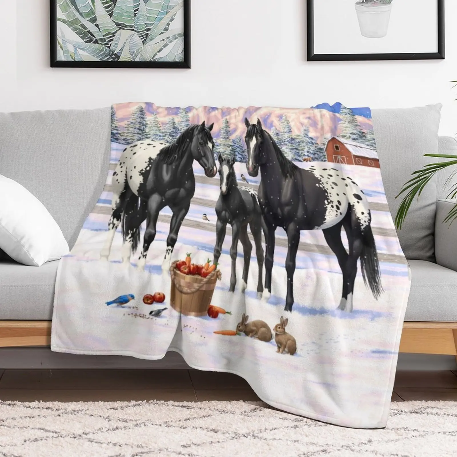 Black Appaloosa Horses In Snow Throw Blanket