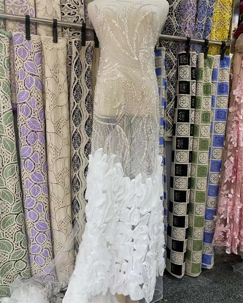 Brangdy African French Tulle Embroidery Beaded Lace Fabric, Nigerian Sequins, Wedding Party Dress, Elegant, 2024 image 3