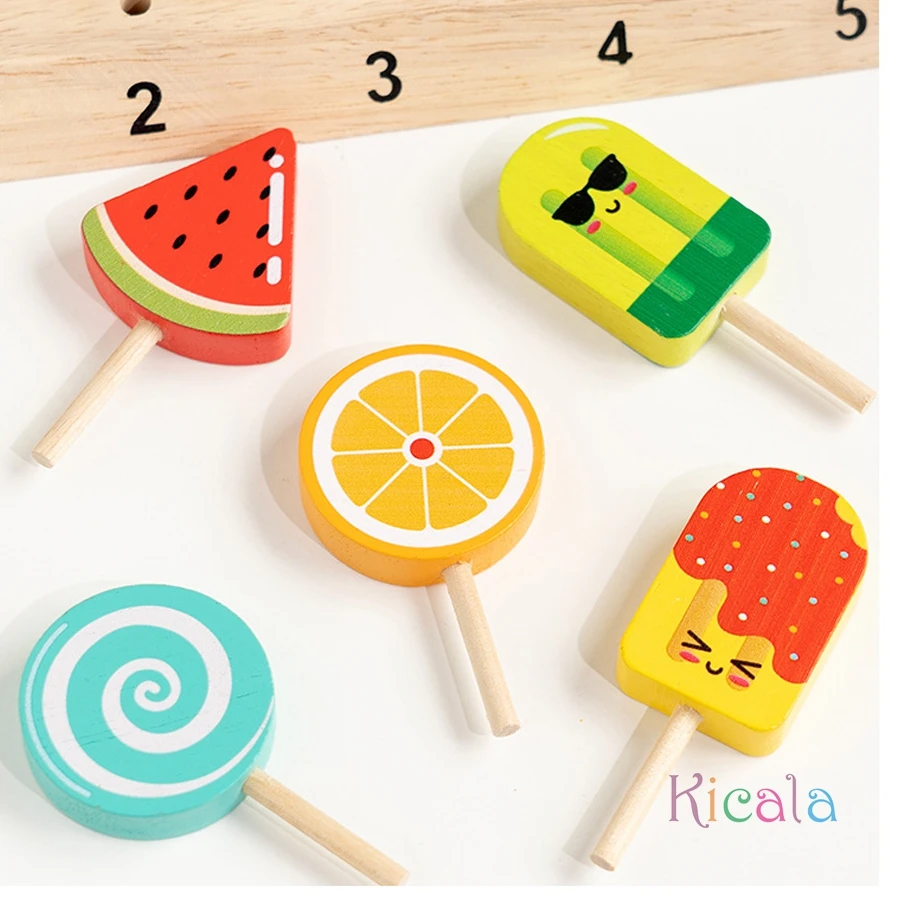 ของเล่นเกมจับคู่รูปทรงและสีสำหรับเด็ก ทำจากไม้ รูปผลไม้ ลูกอม ไอศกรีม เสริมสร้างการคิดเชิงตรรกะ ฝึกการเรียนรู้ ของเล่นอาหารจำลอง