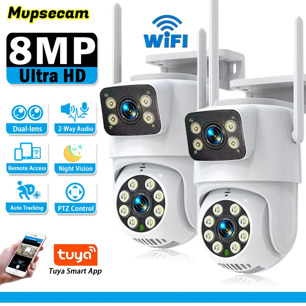 Telecamera Wifi a doppia lente 360 ° protezione di sicurezza IP66 8MP 4K rilevamento umano esterno Wireless Tuya Smart HD videosorveglianza PTZ