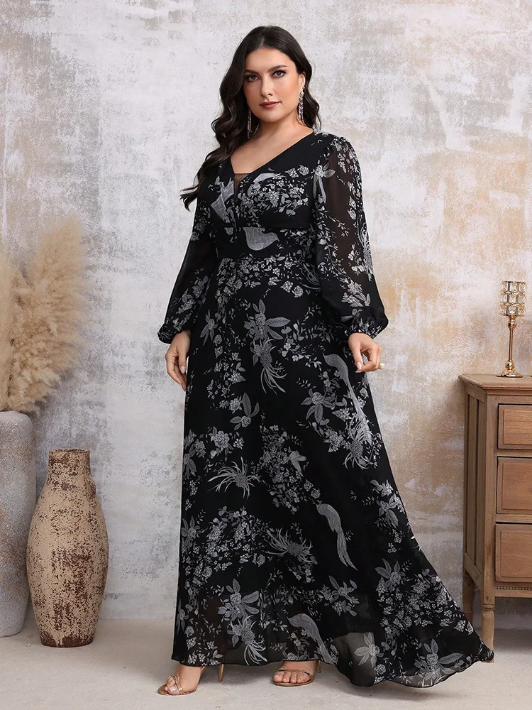 TOLEEN-Robe à imprimé floral aléatoire pour femmes de grande taille, décontractée, élégante, col en V, maille, fête, soirée, robes longues, nouveauté, 2024