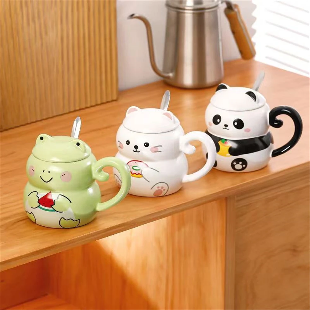 Ceramic Mug Cute Panda Cat Rabbit Funny Animal Water Cup with Lid Decorative Coffee Cup with Cover Children Kids Drinkware Cups