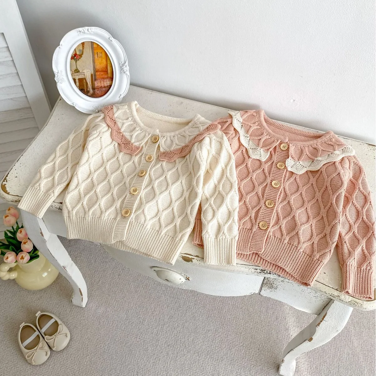 Baby Knit set Spring Fall 2024 New Fashion Girls set Knit sweater Cardigan + Shorts Sweet 0-3Y girls two-piece set image 2