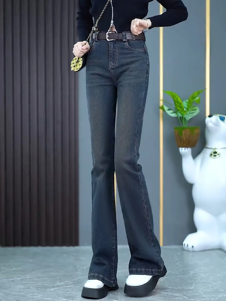 

Retro High Waist Slimming Fleece Lined Micro Flared Jeans Women's Spring Autumn Cement Grey Casual Bell Bottom Pants