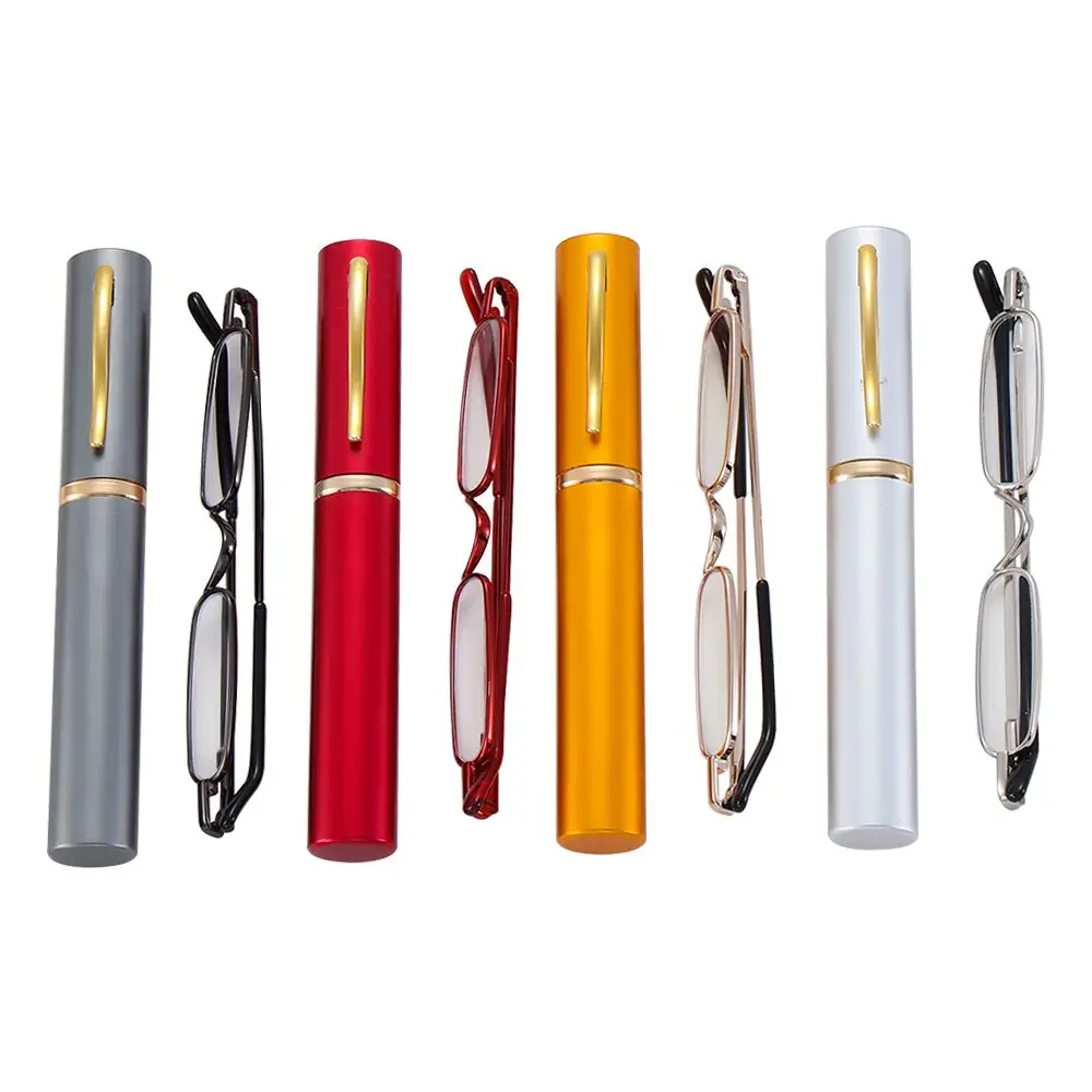 Compact Men Women Eyeglasses Spring Hinged Slim Reading Glasses with Pen Clip Tube Case Slim Pen Reading Glasses Readers