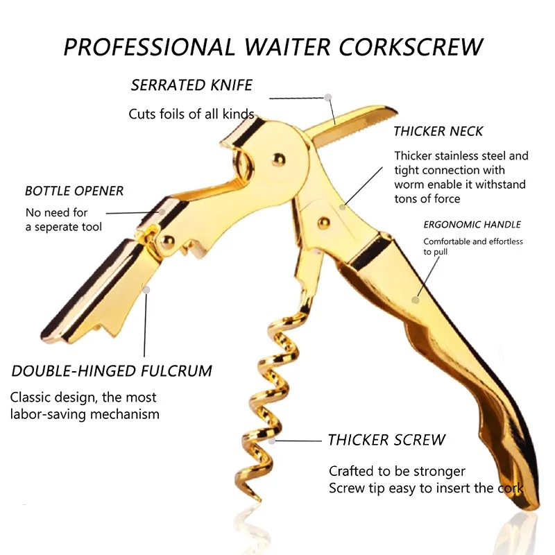 Gold Plated Corkscrew Double Hinge Waiters Wine Key Bottle Opener Party Bottle Opener for Restaurant Waiters or Bartenders
