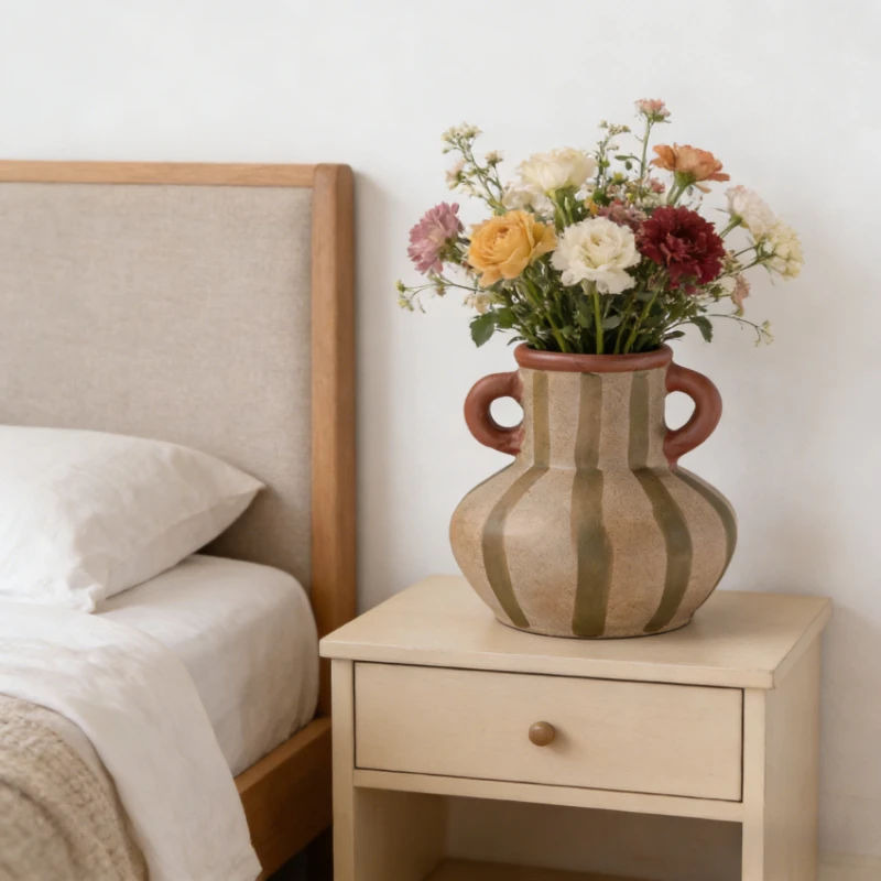 

New Mid Century Modern Plain Ceramic Vase Double Ear Stripe Polka Dot Small Mouth Hydroponic Creative Niche Decorative Ornaments