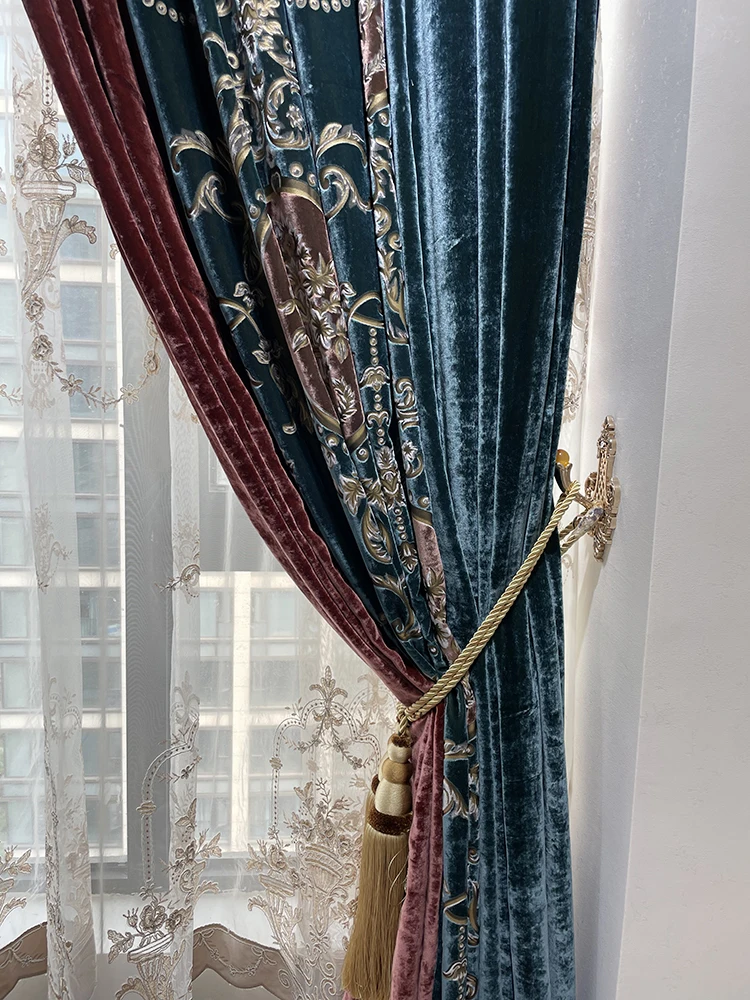 Custom European Luxury American Palace Retro Villa High-end Customized Velvet Dark Green Curtains for Living Dining Room Bedroom