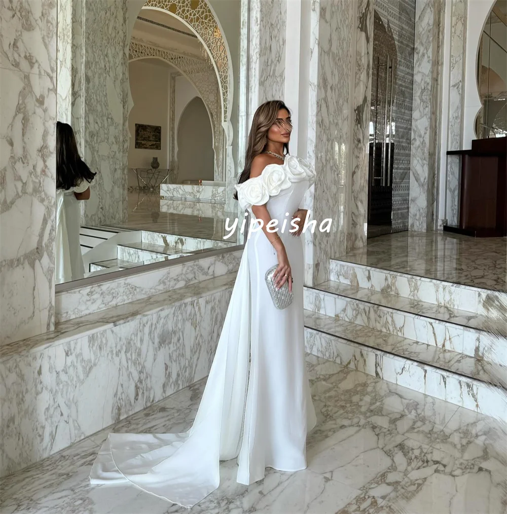 Customized Intricate Matching Jersey Handmade Flower Pleat Ruched Mermaid Off-the-shoulder Long Dresses Bespoke Occasion Dresses