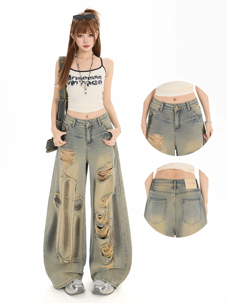 Retro High Waist Wide Leg Denim Jeans Women's Spring Summer Loose Fitting Hole Design Straight Cut Trousers Slimming Effect