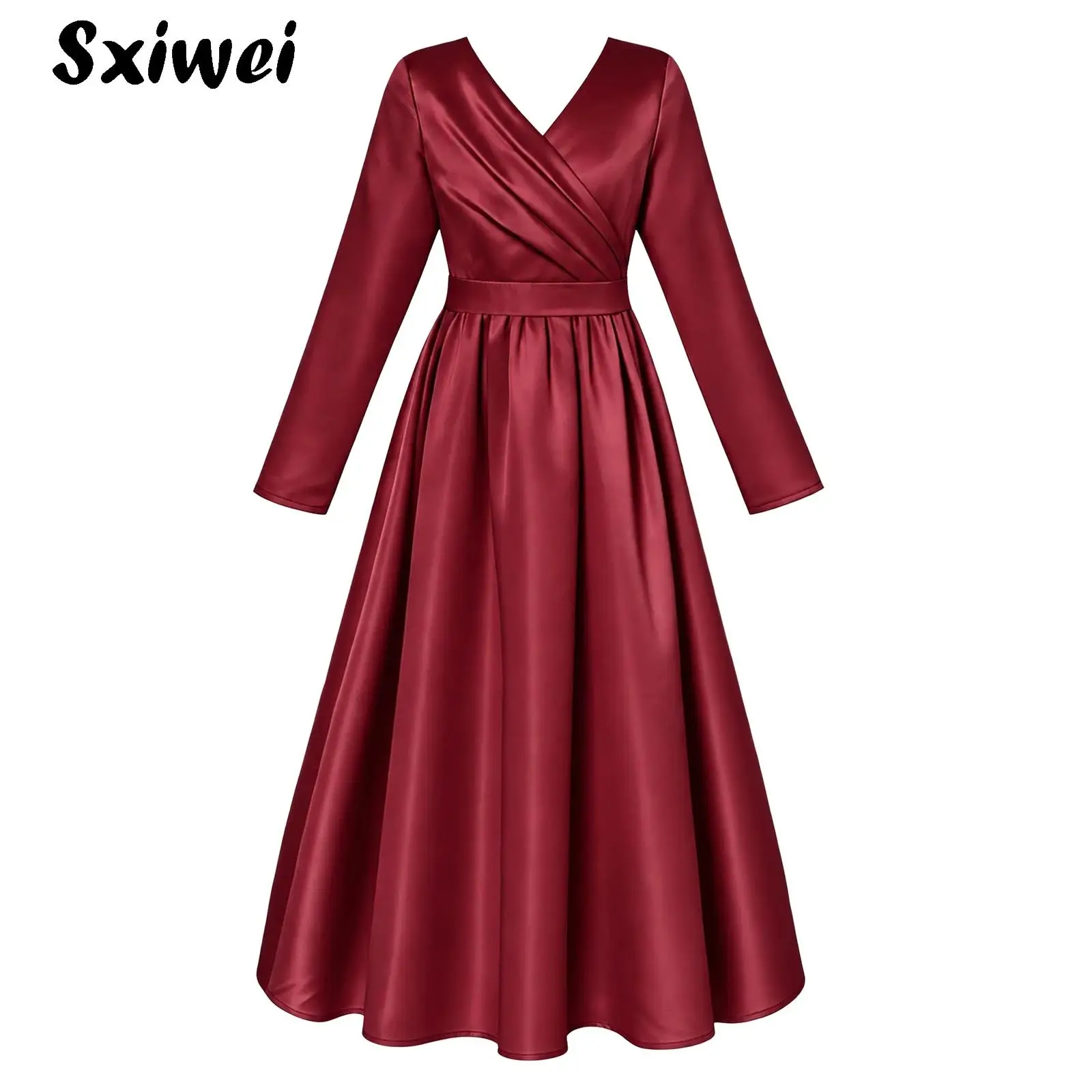 Flower Girls Satin Dress Kids Long Sleeve Pleated Bodice Ruffled Ball Gowns for Wedding Pageant Banquet Bridesmaid Party Dresses