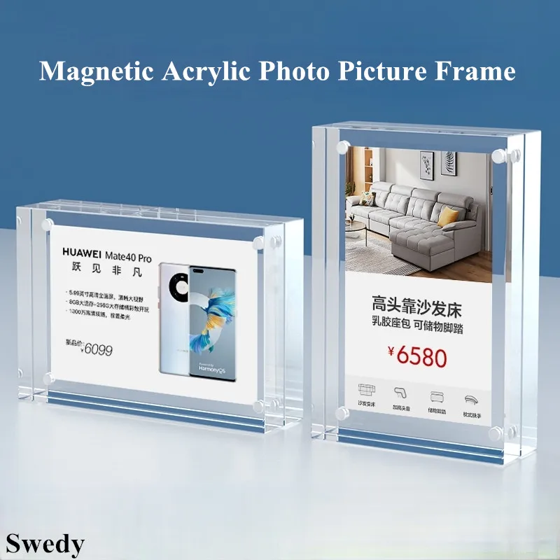 

100x70mm Magnetic Acrylic Sign Holder Display Stand Price Label Card Tags Table Baby Photo Picture Block Frame