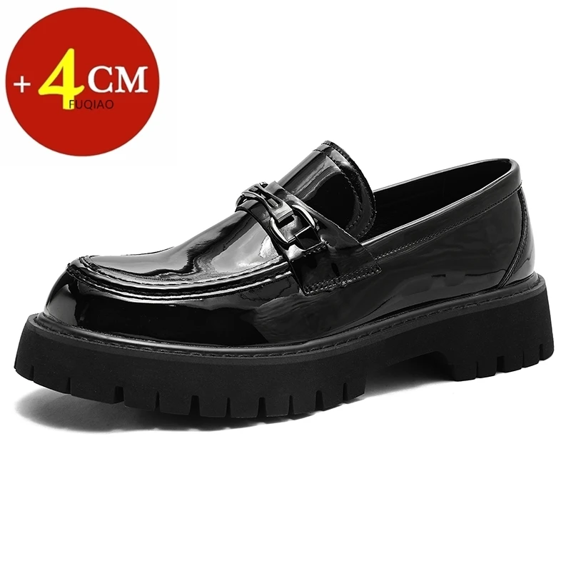 Men's Casual Leather Shoes Spring Autumn New Style Slip-On 4CM Thick Bottom Heightening Retro British Style Large Head Loafers