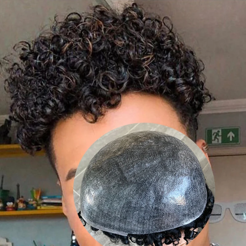 15mm Afro Curly #2 #4 Durable Full Poly Skin Pu Microskin African American Men Toupee Human Hair Prosthesis Replacement Male Wig