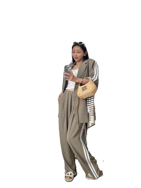 Conjunto de Chaqueta y Plón Casual Hoado para Mujer con Bloques de Color y Doble Raya, Cintura Elástica Ajustable y Pie...