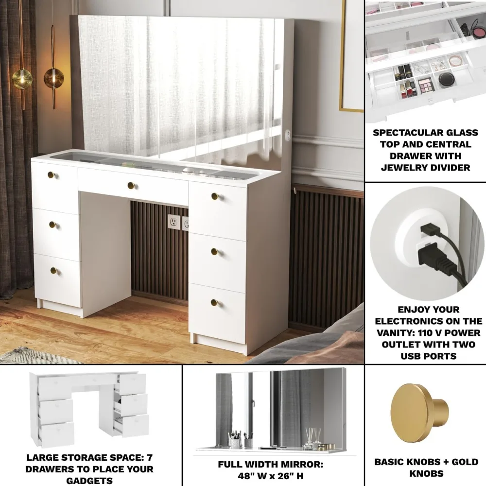 Modern White Vanity with Wide Hollywood Mirror and 7 Drawers, Golden Knobs. Small Vanity with Glass Top, Bedroom Set Vanity