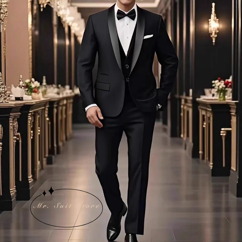 

Мужской костюм, комплект из трех предметов, однобортный свадебный костюм с зеленым фруктовым воротником, мужское свадебное платье жениха, рождественская вечеринка