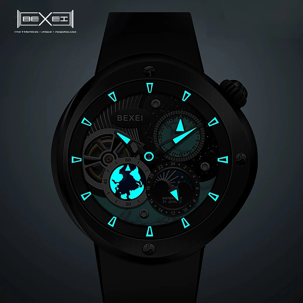 BEXEI Automatic Mechanical Watch for Men Goose Egg Case Turquoise Dial Coated Crystal Luminous Waterproof Business Watch