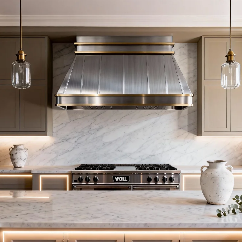 Custom 16 Gauge 304 Stainless Steel Wall Mount Range Hood Brass Trim Hand Brushed Finish European Craftsmanship for Luxury