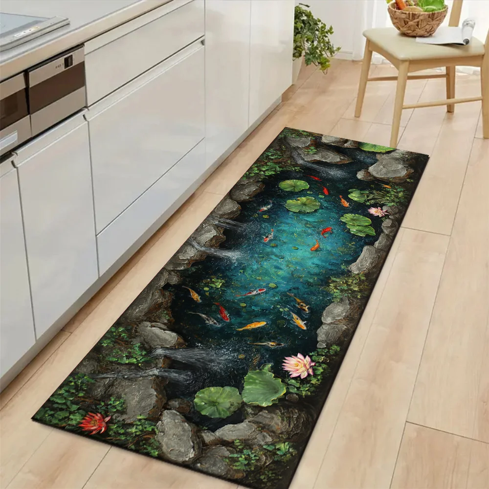 Stone Pond Lotus Koi Fish Runner Mat Anti Slip Absorbent Rug Oriental Water Lily Carp Print Carpet for Hall Kitchen Bathroom