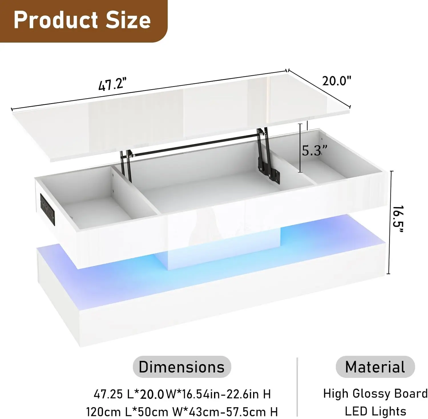 Mesa de centro moderna de color blanco brillante con LED y cajón de almacenamiento para sala de estar