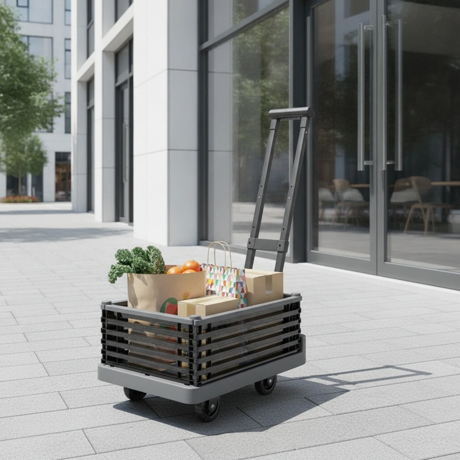 Collapsible Trolley with Basket Compact Hand-Push Trolley with Telescoping Handle Foldable Utility Cart Space-Saving