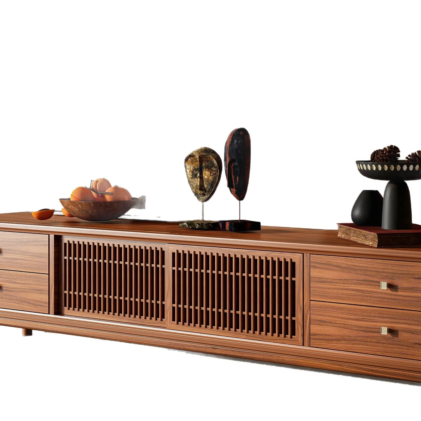 Song-style aesthetic solid wood TV cabinet, living room household black walnut floor cabinet, new Chinese-style source