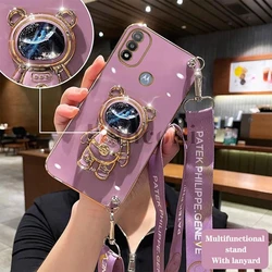 Quicksand Astronaut Lanyard Plating Phone Holder Case For Motorola Moto E20 E7 E7 Plus G22 E7 Power G20 G30 G42 G10 G9 G8 Cover