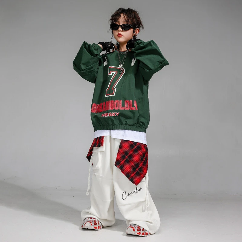 

Jazz Dance Clothes Boys Hip Hop Costume Green Loose Sweatshirt White Pants Girls Breaking Street Dance Outfit Long Sleeves Suit