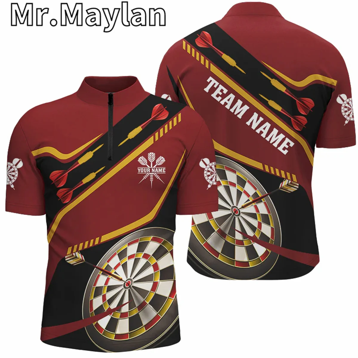 

3D персонализированное имя Red Darts Tournament Поло и 14 рубашек на молнии для мужчин Пользовательские трикотажные изделия 3D Darts Board Team Подарок для игроков в дартс