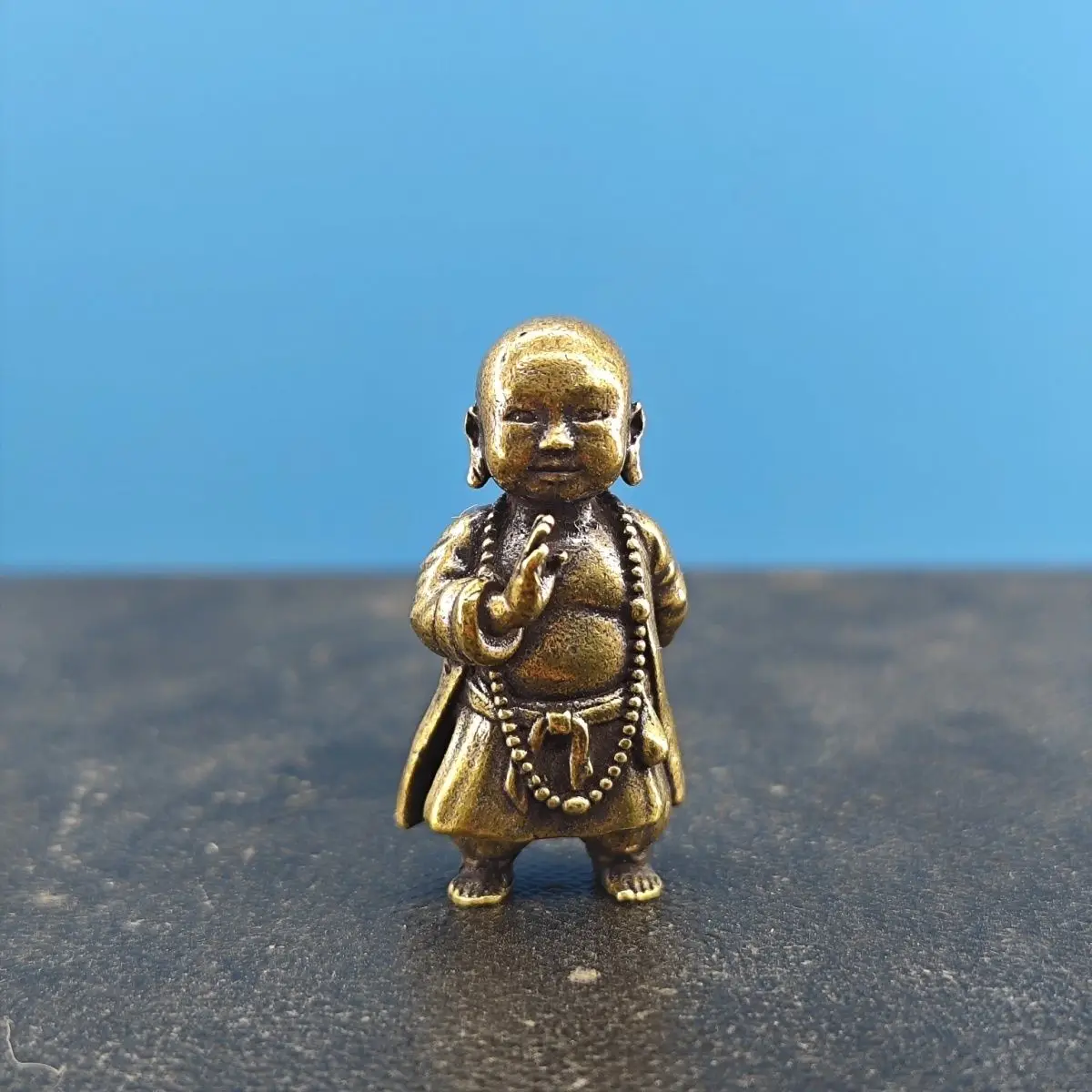 Brass Sun Wukong, small Maitreya Buddha, ancient-style little monk figurine model, rockery bonsai fish tank landscape decoration