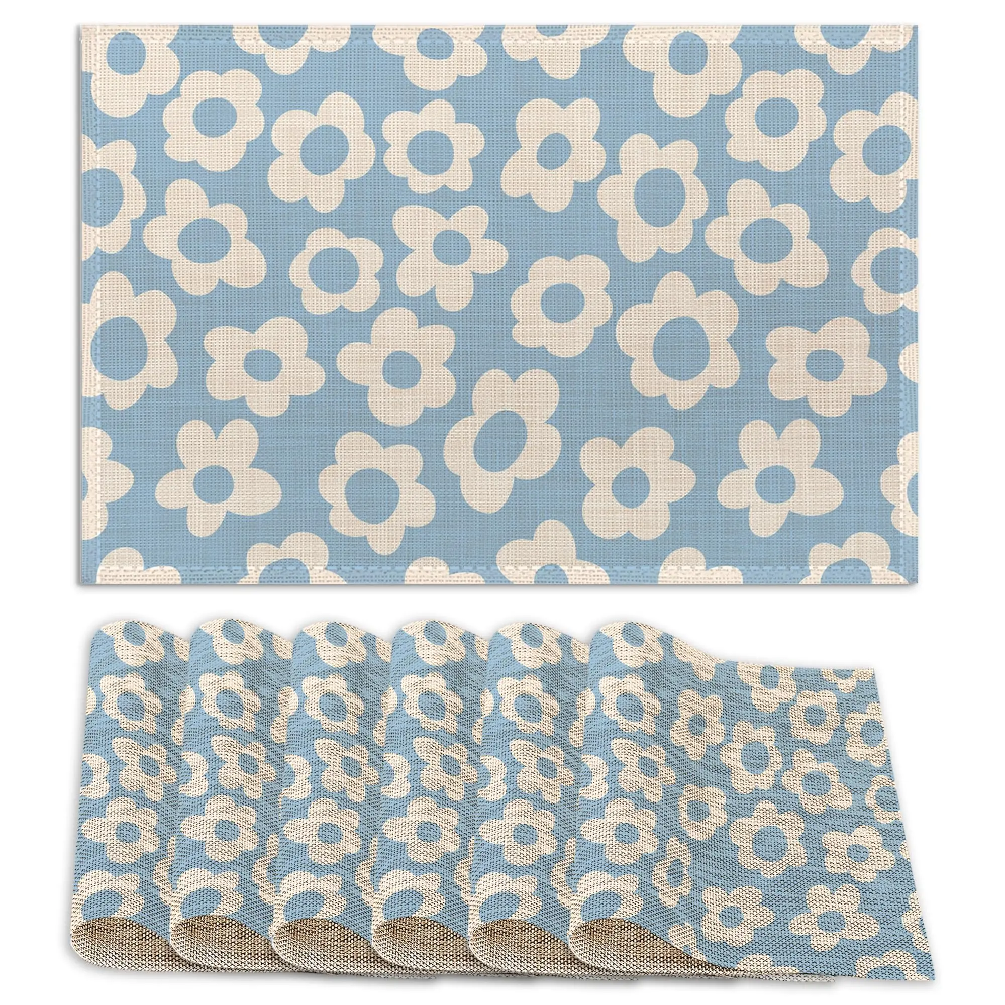 1PCS Washable Vintage Groovy Blue Flowers Print Placemats Non-Slip Heat-Resistant Thick Decorative Geometric Linen Table Mats