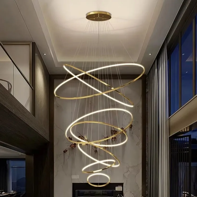 Modern LED Staircase Pendant Lamp Gold Stainless Steel Hotel Villa Living Room Decor Lighting Ring Dining Room Chandelier Light