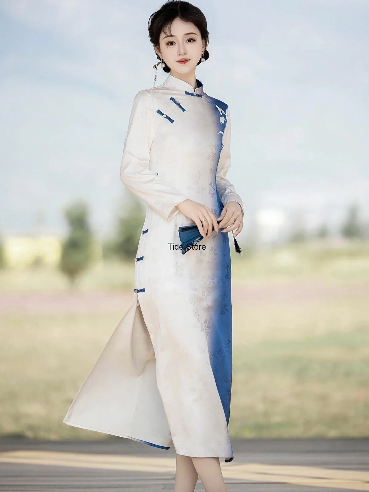 نافذة زهرة الأزرق مصبوغ تحسين Hanfu المرأة الجديدة النمط الصيني هان عنصر فستان طويل الأكمام شيونغسام الربيع