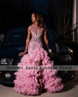 New Arrivals Pink Tulle Ruffles Prom Dresses Pink Diamond Crystal Rhinestones Birthday Dress Evening Formal Dress Customized