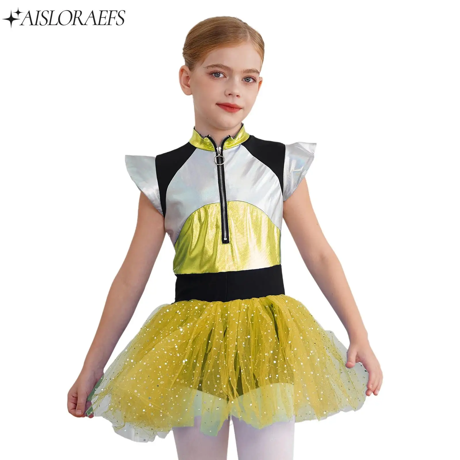 

Halloween Alien Dress Girls Robot Future World Cosplay Costume Shiny Spangles Tutu Leotard Dress for Cheerleading Ballet Dance