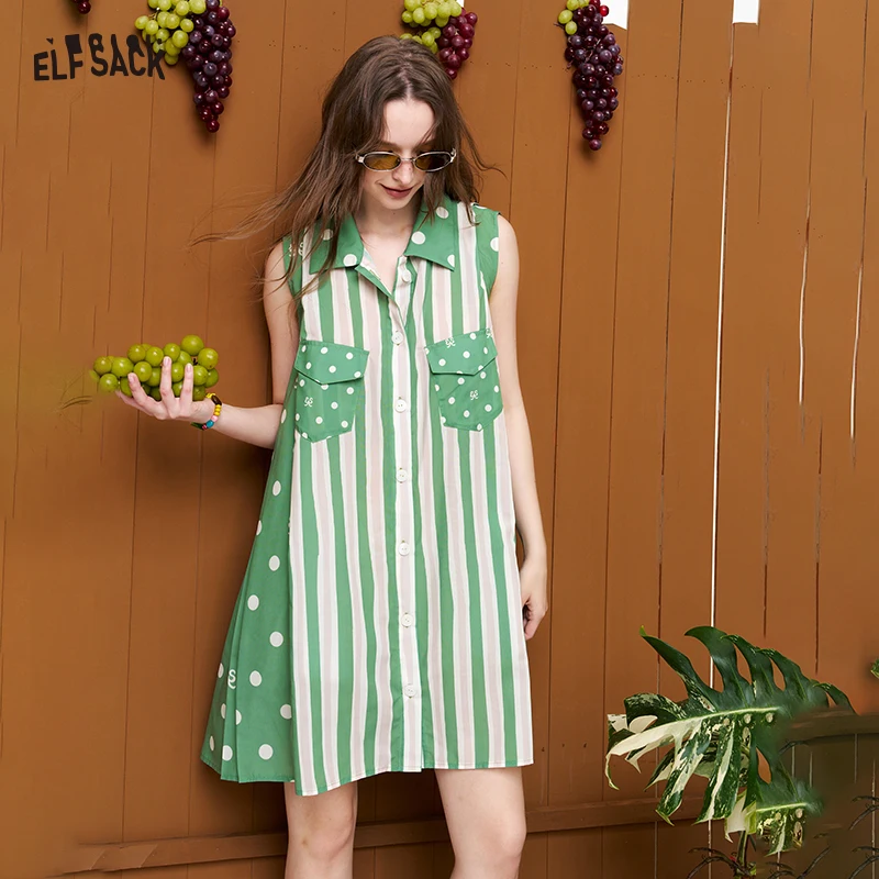 ELFSACK Polka Dot Striped Sleeveless Dress, Cartoon Embroidered Button-Up Shirt Dress, Casual Vintage A-Line Dress for Women