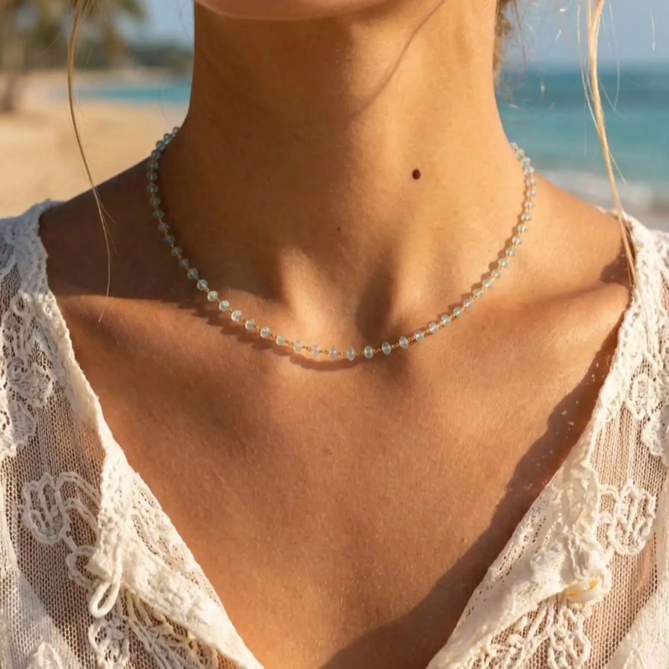 Gold Stainless Steel Beaded Necklace for Women Natural Blue Stone Chips Choker Non Tarnish Dainty Boho Everyday Jewelry Gift
