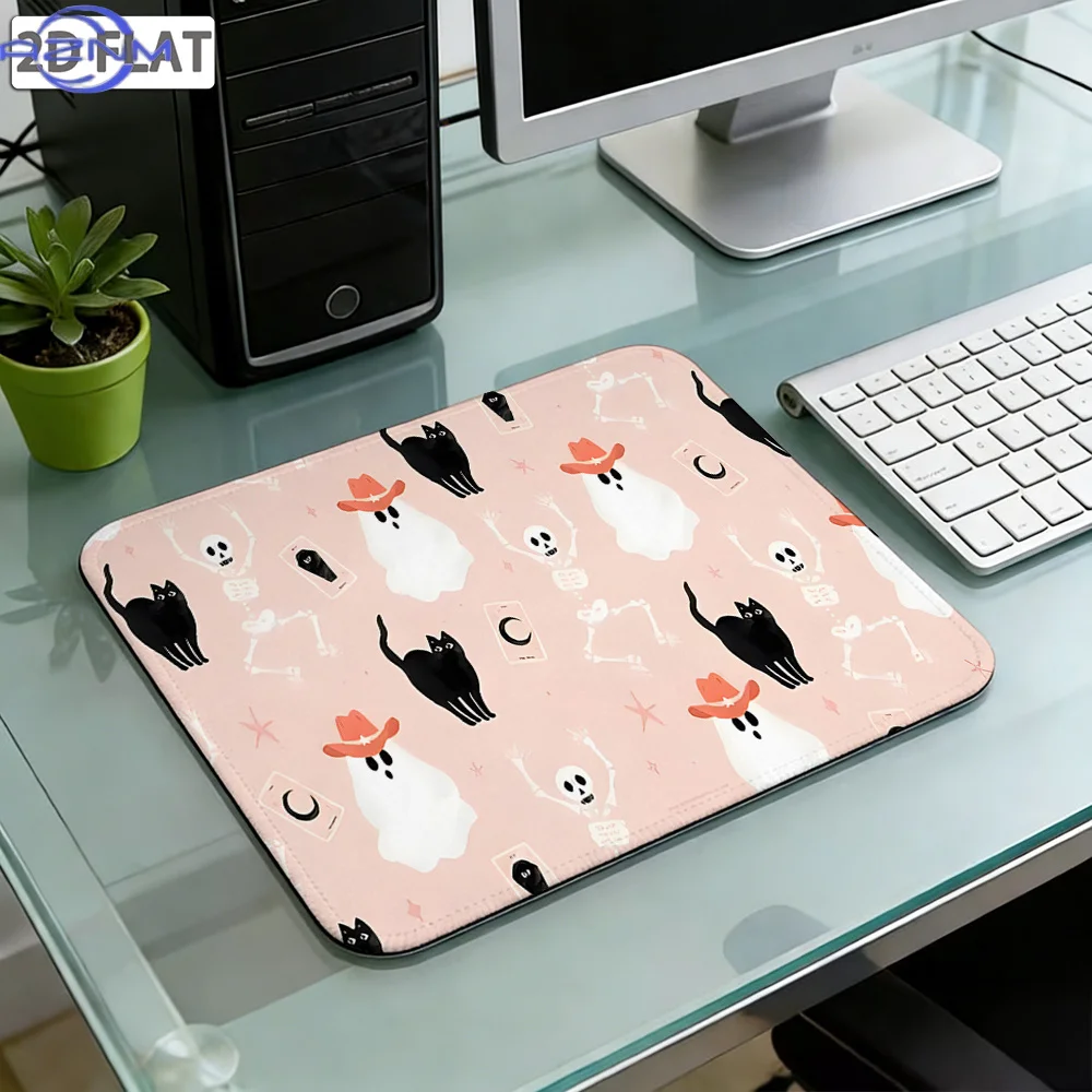 1pc, 2D Planar Printing Halloween Themed Stitched Edge Mouse Pad, Cute Cartoon Black Cat Skeleton Print Non-slip Desk Mat, Durab