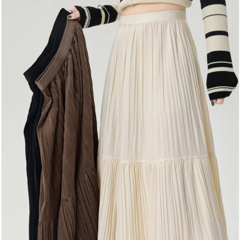 

Autumn Winter High Waist Velvet Women's Pleated A-line Cake Skirts 2025 New Solid Casual Loose Umbrella Midi Skirts Female