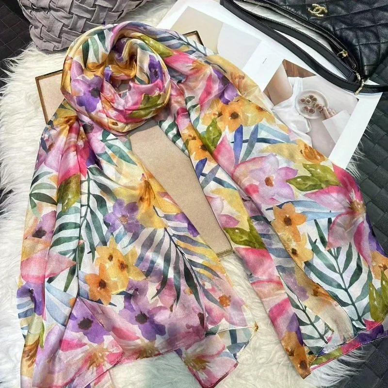 Pañuelo Ligero Grande de Seda de Morera 100% para Mujer, Chal Rectangular, Pañuelo para el Cuello, Pareo de Playa, Pañuelo para la Cabeza, Paquete de Regalo, Estampado Floral Rosa